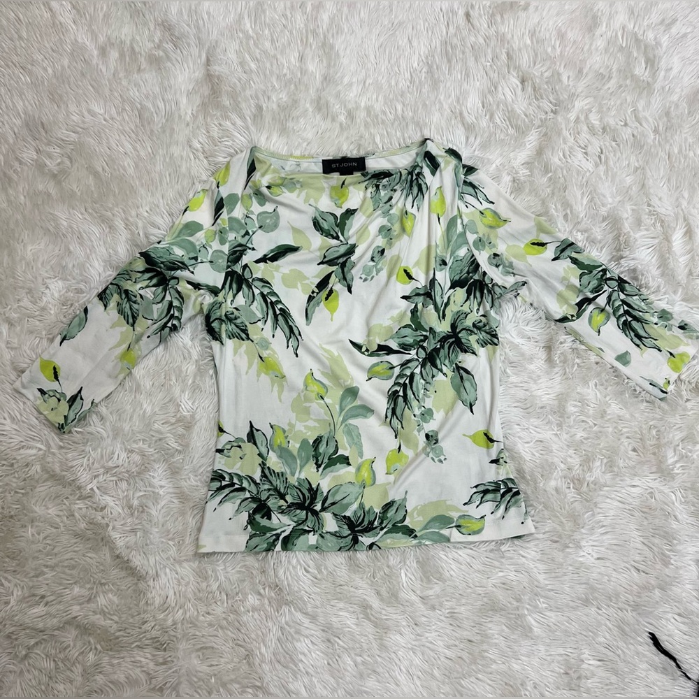 ST.John floral Green and White Women's Top